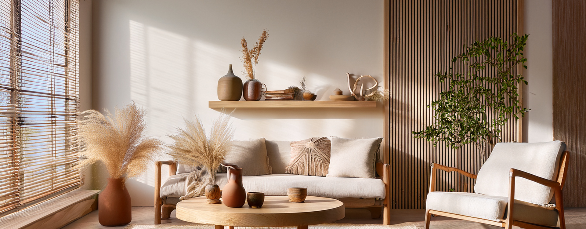 Affiches, vases et bougies pour une maison apaisante.